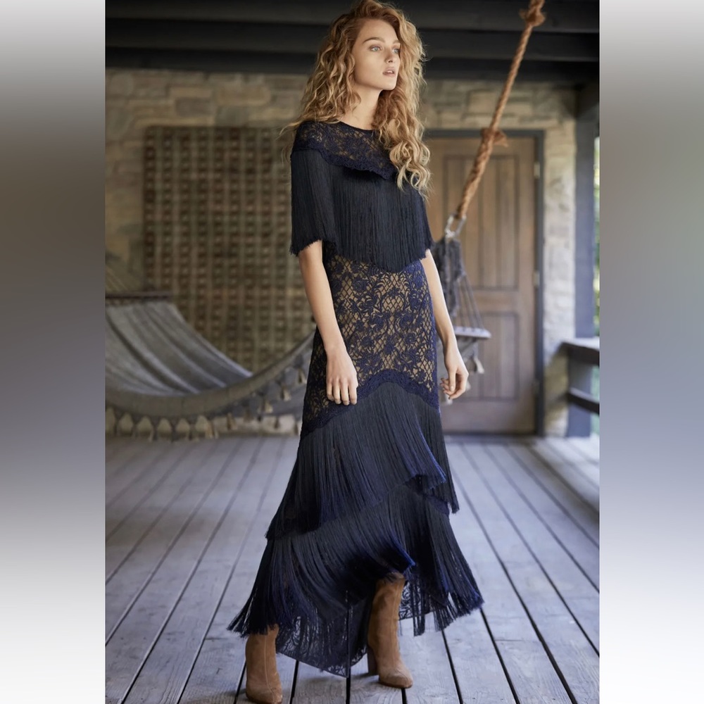 Tadashi Shoji Fall Runway Navy Fringe High Low Dress US2 Retail $850